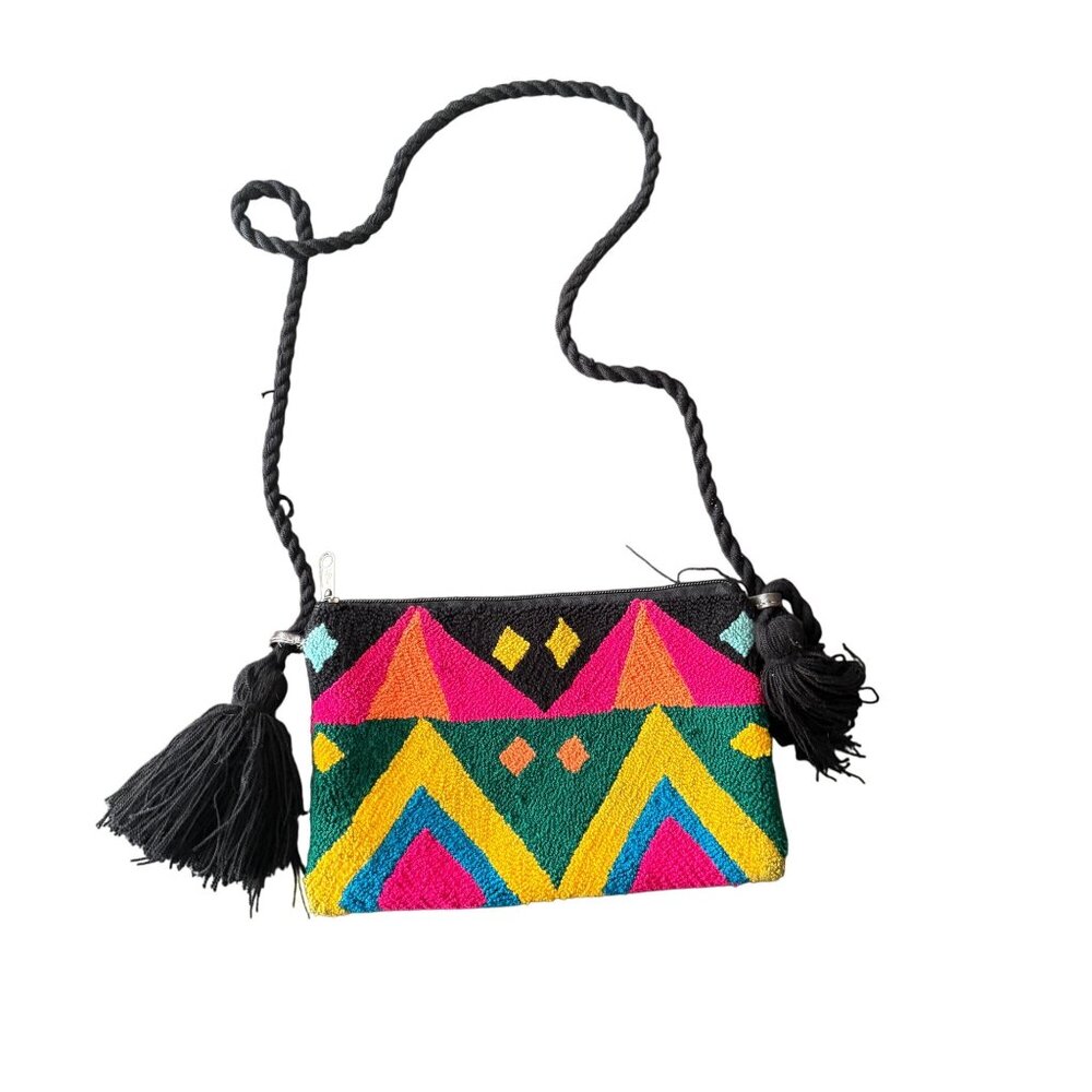 Handwoven Geometric Pattern Crossbody Bag With Braided Strap & Tassels - Multico